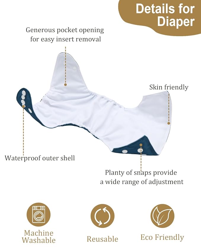 Babygoal Baby Reusable Neutral Cloth Diapers, One Size Adjustable Washable Pocket Nappy Covers 6 Pack+6pcs Rayon from Bamboo Inserts+Wet Bag 6FN39