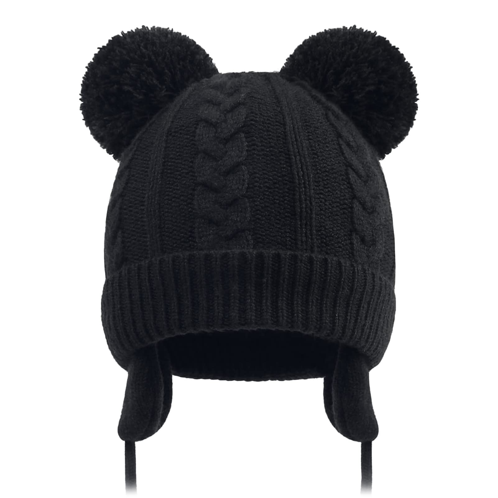 Duoyeree Toddler Winter Hat, Earflap Double Pom Pom Knit Beanie 0-36M Black