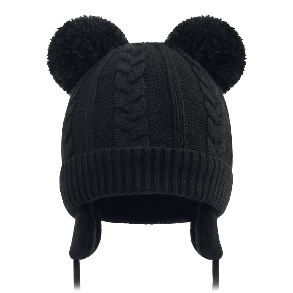 Duoyeree Toddler Winter Hat, Earflap Double Pom Pom Knit Beanie 0-36M Black
