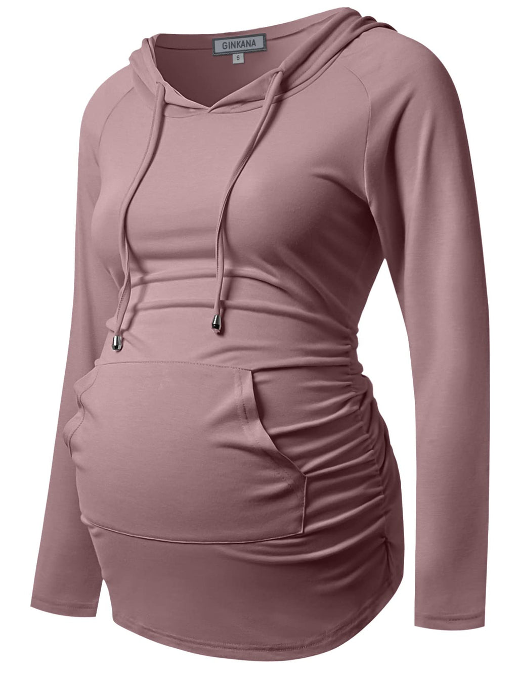 GINKANA Maternity Casual Hoodie Long Sleeve Tops with Pocket Drawstring Maternity Lighthweight Sweatshirt,Mauve,M