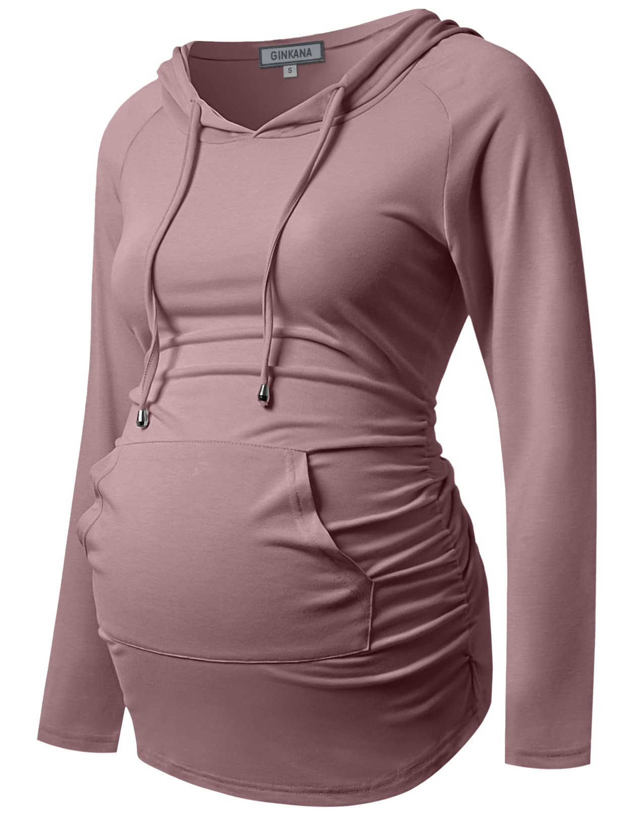 GINKANA Maternity Casual Hoodie Long Sleeve Tops with Pocket Drawstring Maternity Lighthweight Sweatshirt,Mauve,XXL