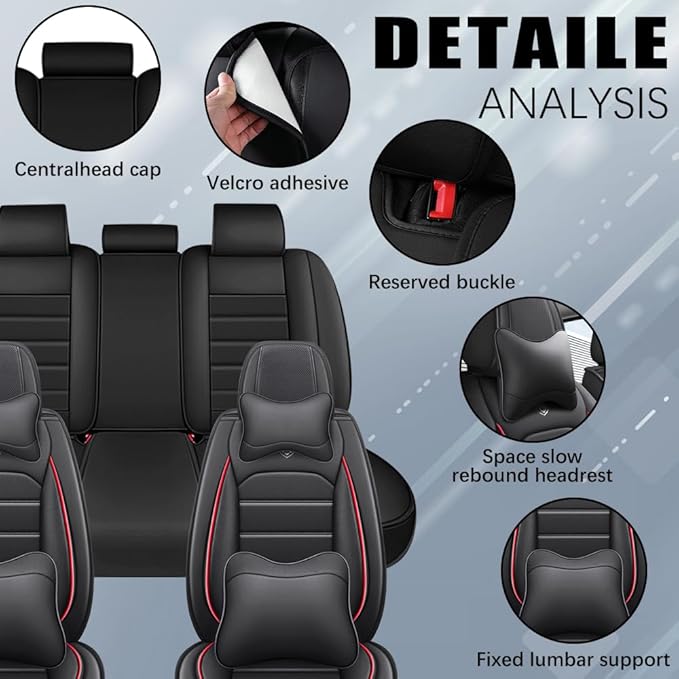 Leather Seat Cover for Ford Edge 2010-2026,Waterproof Soft Seat Covers,Interior Accessories Seat Covers Cushion Vehicle Protector Airbag Compatible(Black&Red,Full Set with Pillow)