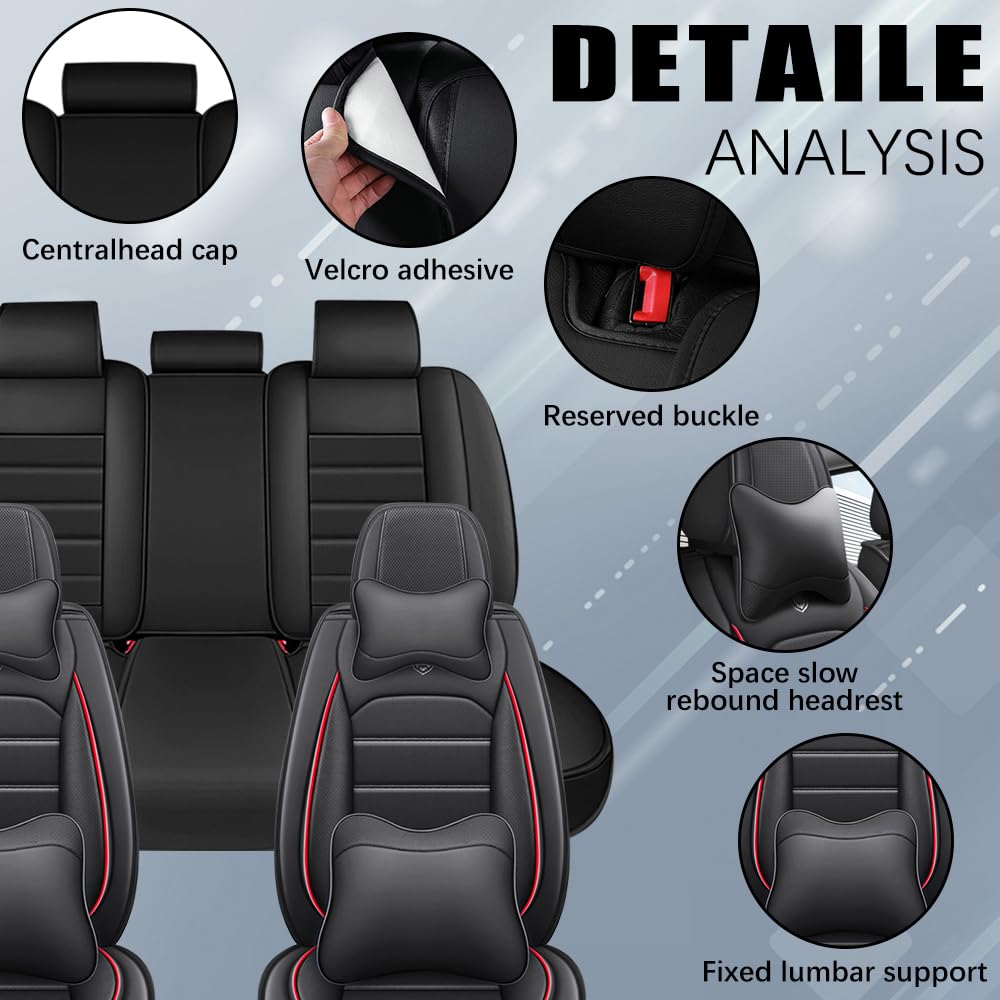 LEYPOCO Leather Seat Cover for Ford Edge 2010-2026,Waterproof Soft Seat Covers,Interior Accessories Seat Covers Cushion Vehicle Protector Airbag Compatible(Black&Red,Full Set with Pillow)
