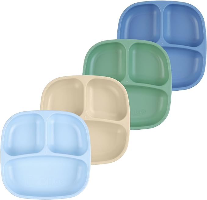 Re-Play Divided Toddler Plates Set of 4 - Deep-Walled 3 Compartment Kids Plates for Picky Eaters - Dishwasher & Microwave Safe - BPA-Free - Made in USA