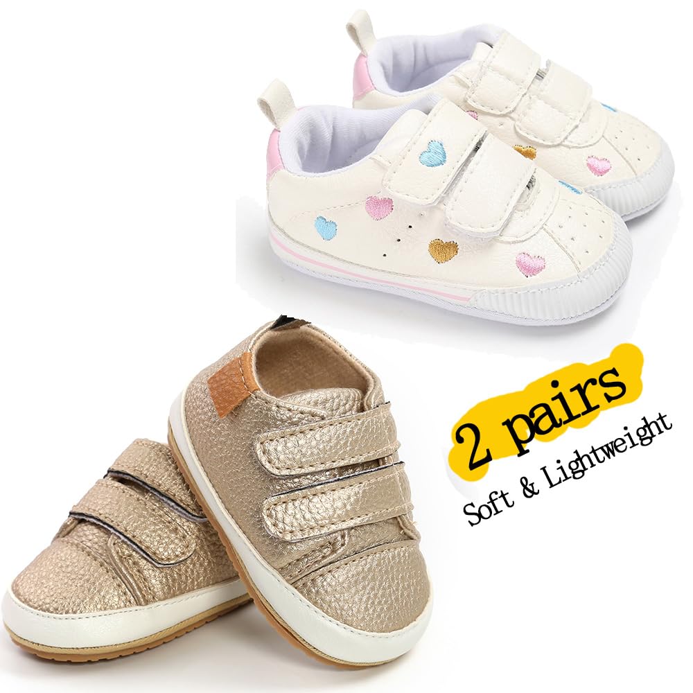 eitwo 2Pairs Baby Shoes,Boys Girls Non-Slip Rubber Sole Sneakers,Unisex Infant Soft Lightweight First Walking Crib Shoes (2Pairs_Heart+Gold,3-6 Months)