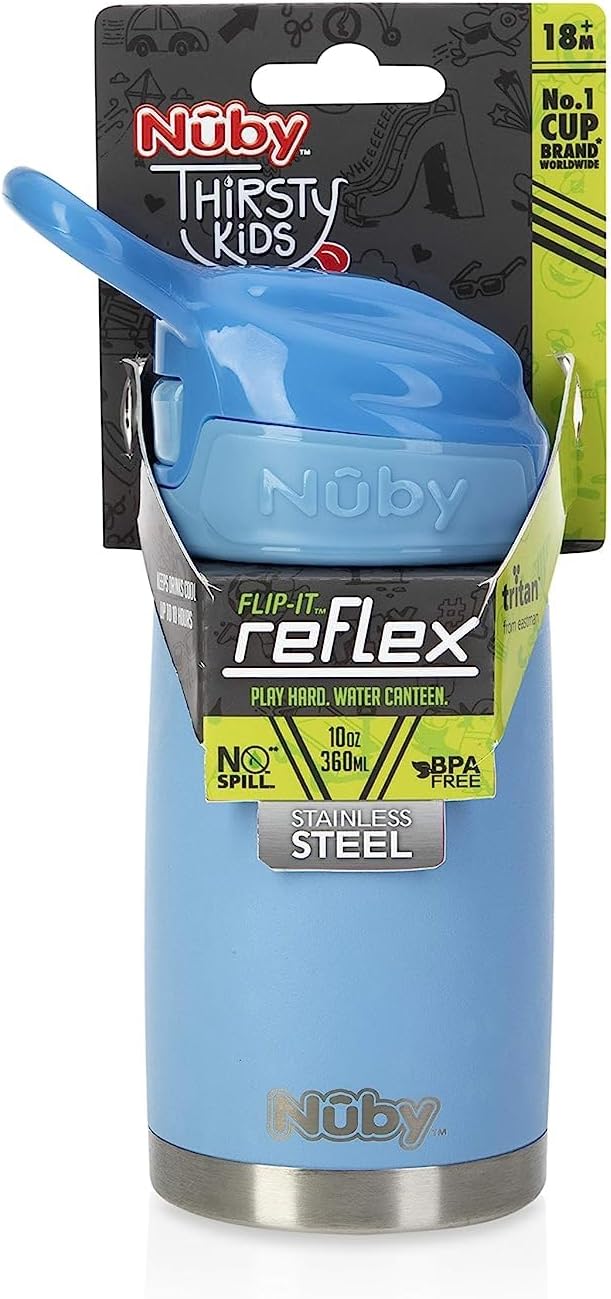 Nuby Thirsty Kids No Spill Flip-It Reflex Stainless Steel Travel Cup or Water Bottle - 10 Oz - 18+ Months - Blue - Back to School Essentials