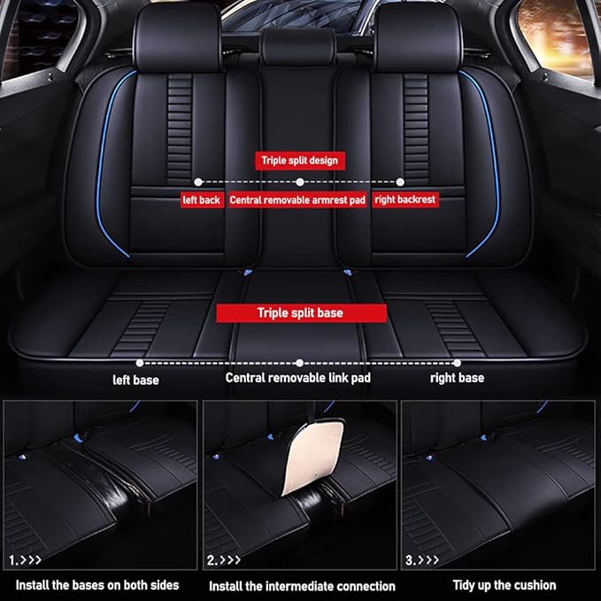 Waterproof 5 Car Seat Covers for Suzuki 1999-2025 95% Models, Premium Faux Leather Automotive Front and Back Seat Protectors Compatible with Airbag Black & Blue Line