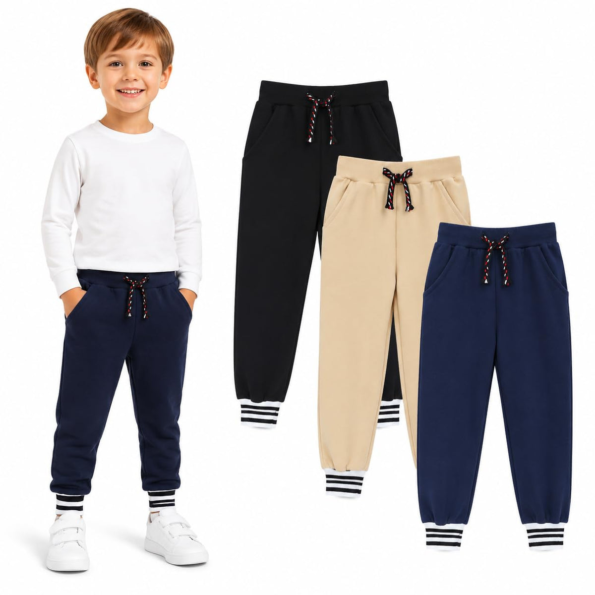 HILEELANG Boys Jogger Pants Cotton Sweatpants 3 Pack Pockets Black