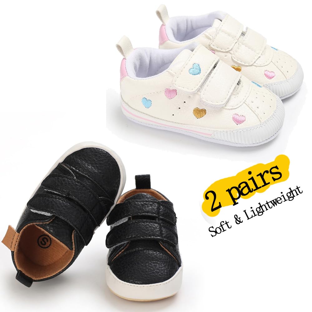 eitwo 2Pairs Baby Shoes,Boys Girls Non-Slip Rubber Sole Sneakers,Unisex Infant Soft Lightweight First Walking Crib Shoes (2Pairs_Heart+Black,3-6 Months)