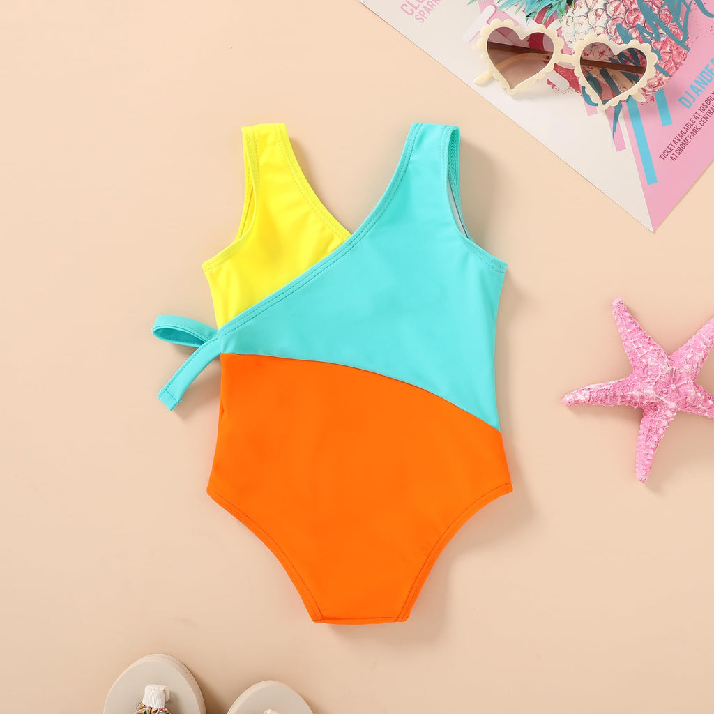 Happy Town Toddler Swimsuit Girl One Piece Bathing Suit Color Block Swimwear Baby Summer Beach Wear(18-24 Months,Yellow Blue Orange)