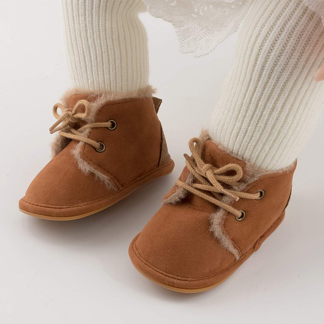 Zoolar Baby Unisex Warm Snow Boots Newborn Leather Fur Lace Up Ankle Anti-Slip Rubber Texture Sole Toddler Prewalker Winter Crib Shoes