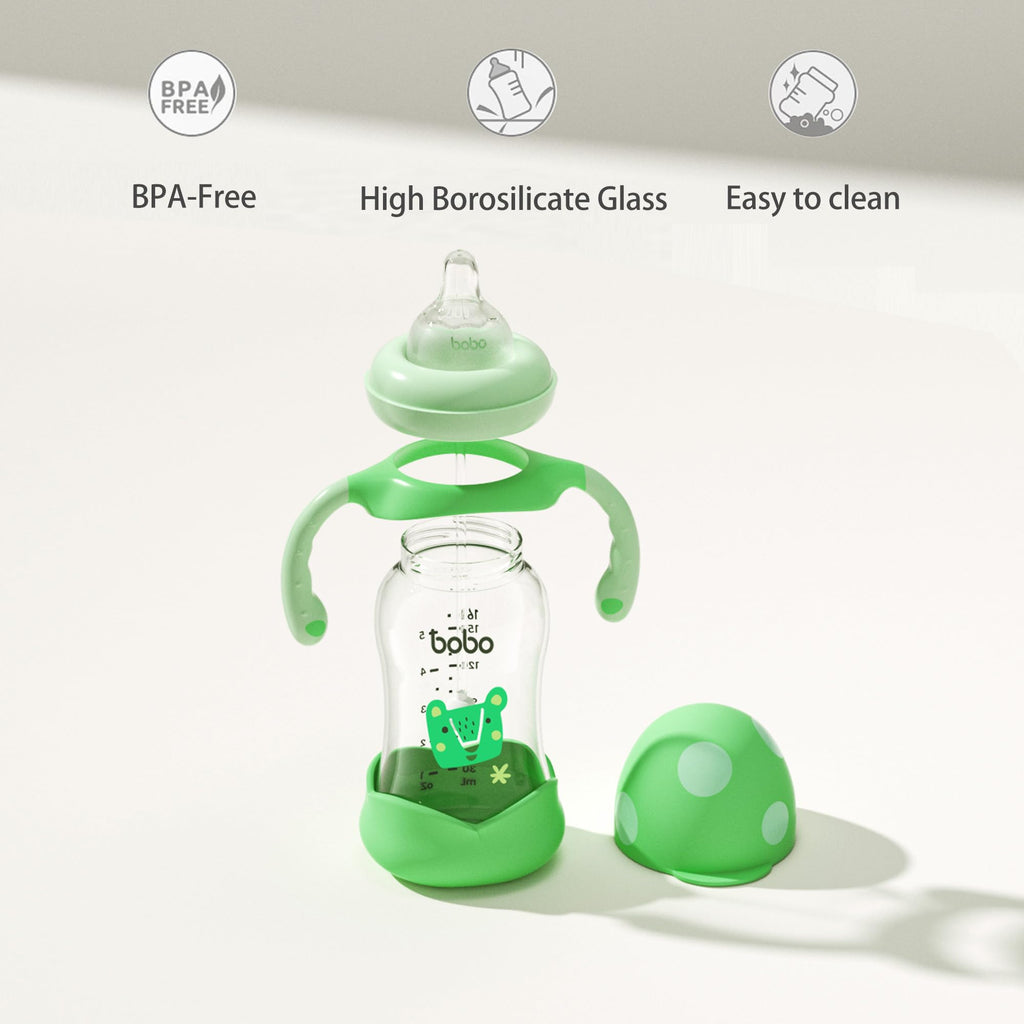 YOHKOH Natural Glass Baby Bottle with Natural Response Nipple, Wide Neck Baby Bottles with Handle, Newborn Anti-Colic Baby Bottles Gift Set, Clear (5.4oz (Pack of 4), Green)