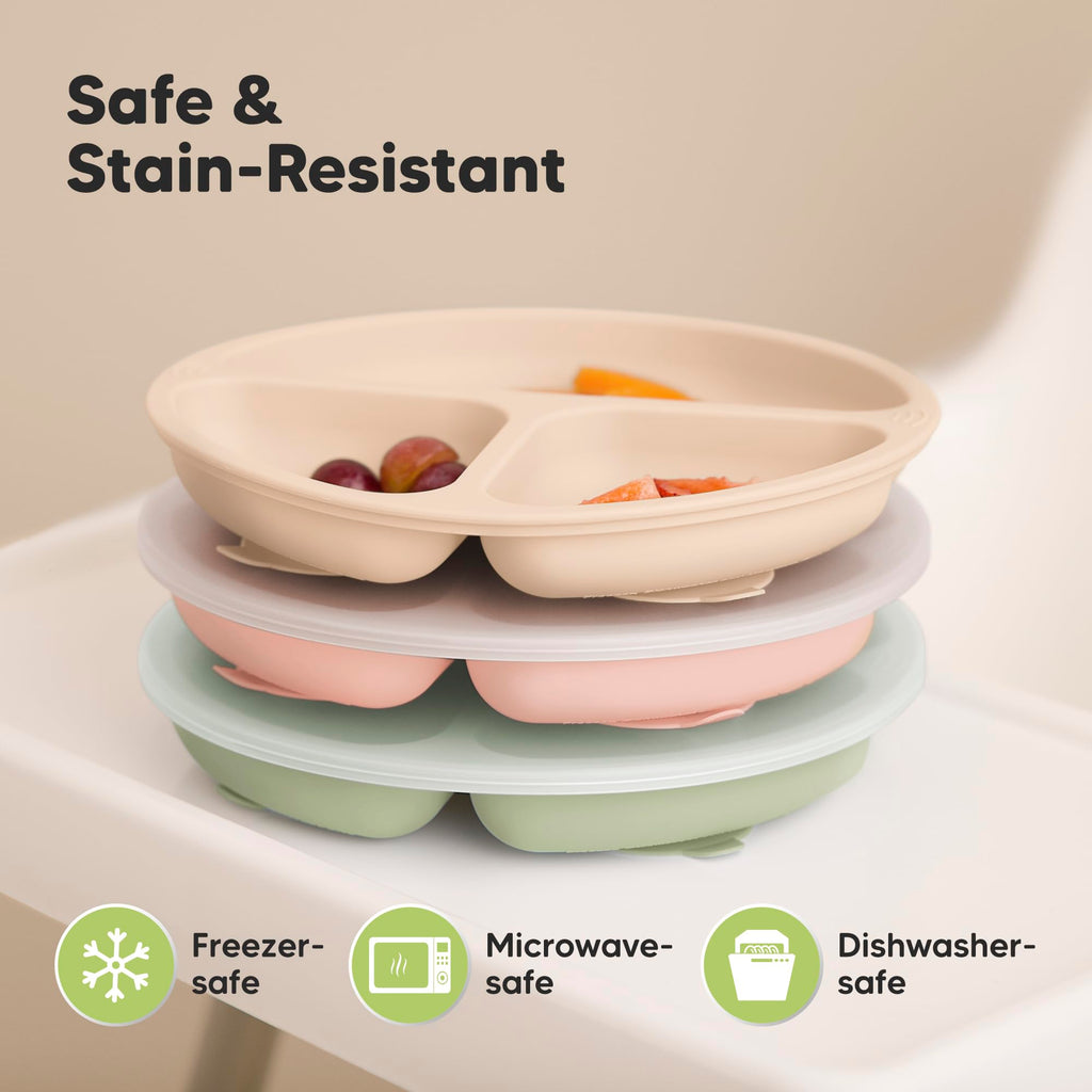 KeaBabies Suction Plates with Lids for Baby, 3pk 100% Silicone (Macaron)