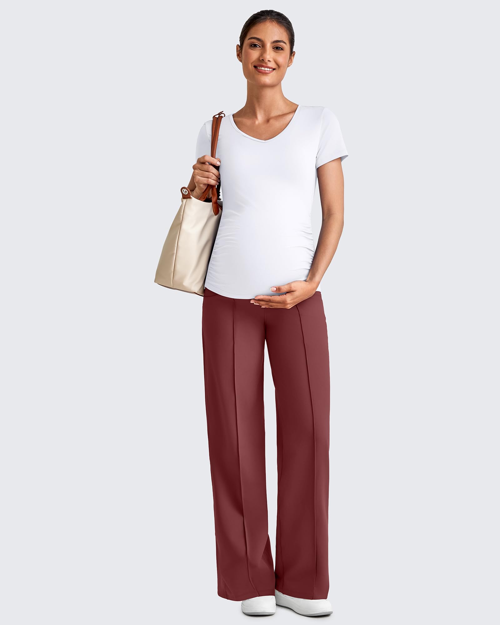 G4Free Maternity Pants Work Over the Belly with Pockets,Wine,S,Tall
