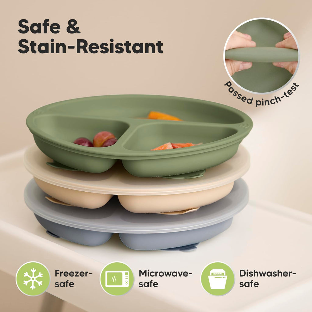 KeaBabies Suction Plates with Lids for Baby, 3-Pack, 100% Silicone (Slate)