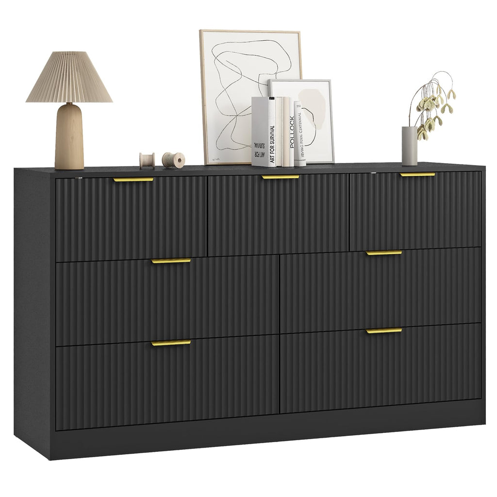 Sscaktu 7 Drawer Fluted Dresser with Deep Drawers for Bedroom, Black丨55 Wide Mid Century Dresser, Modern Chest of Drawers, Wood TV Stand Storage Organizer for Closet, Living Room, Hallway