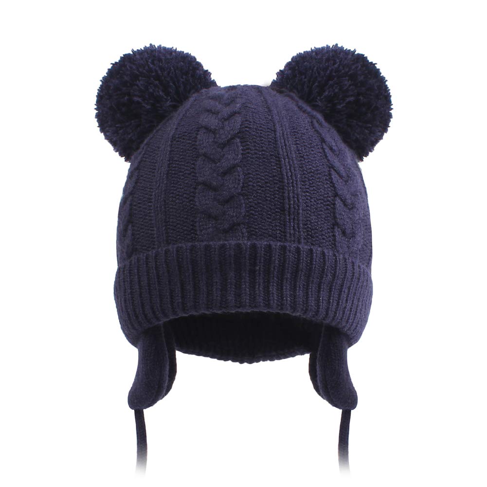 Duoyeree Toddler Winter Hat, Earflap Double Pom Pom Knit Beanie 0-36M