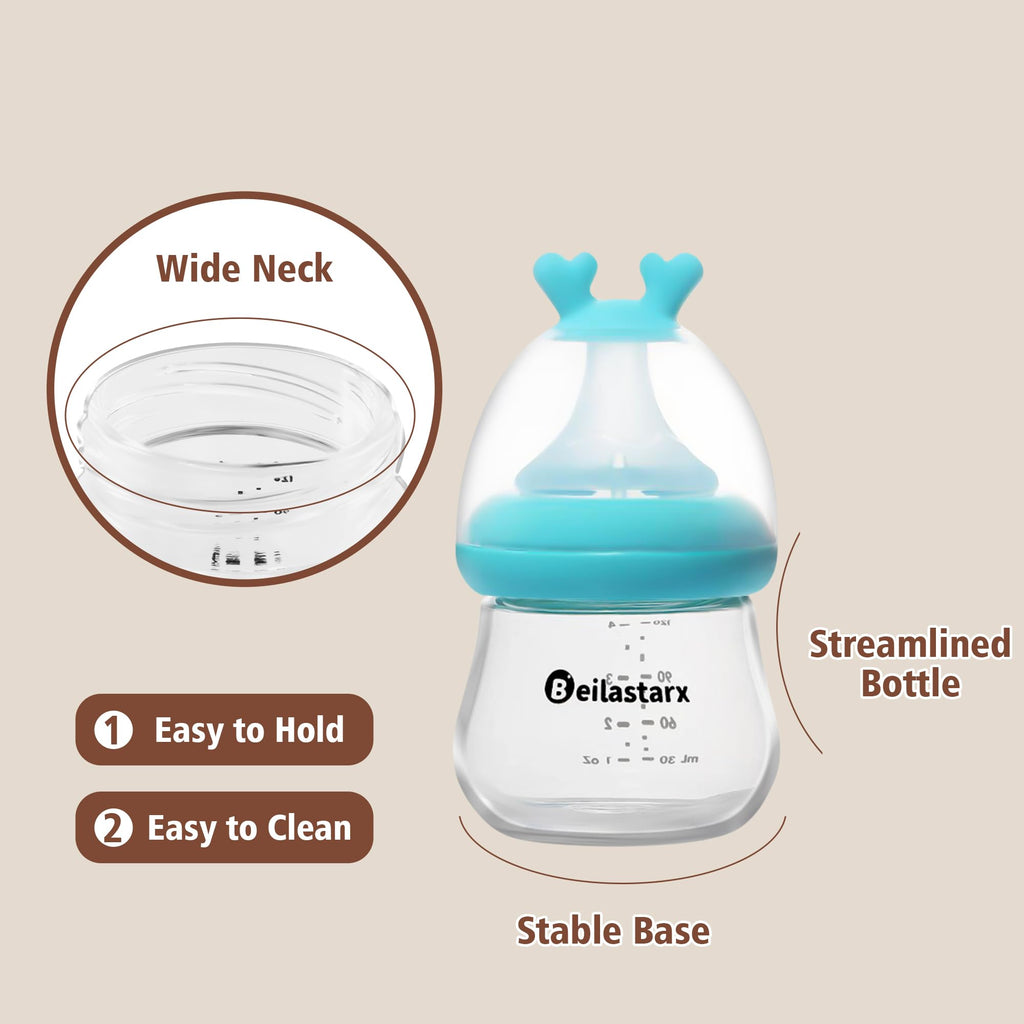 Beilastarx Glass Baby Bottles with Natural Response Nipple Size SS - Anti Colic Baby Bottles Wide Neck Slow Flow Baby Bottle (Blue, 4oz (Pack of 2))