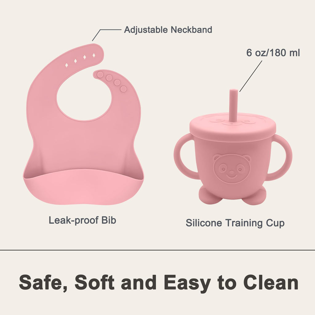 Munlinder Silicone Baby Feeding Set | Baby Led Weaning Supplies Includes Suction Bowls and Divided Plates, Adjustable Bib, Baby Utensils Spoons and Forks,Cup | Baby Feeding Essentials (Pink)