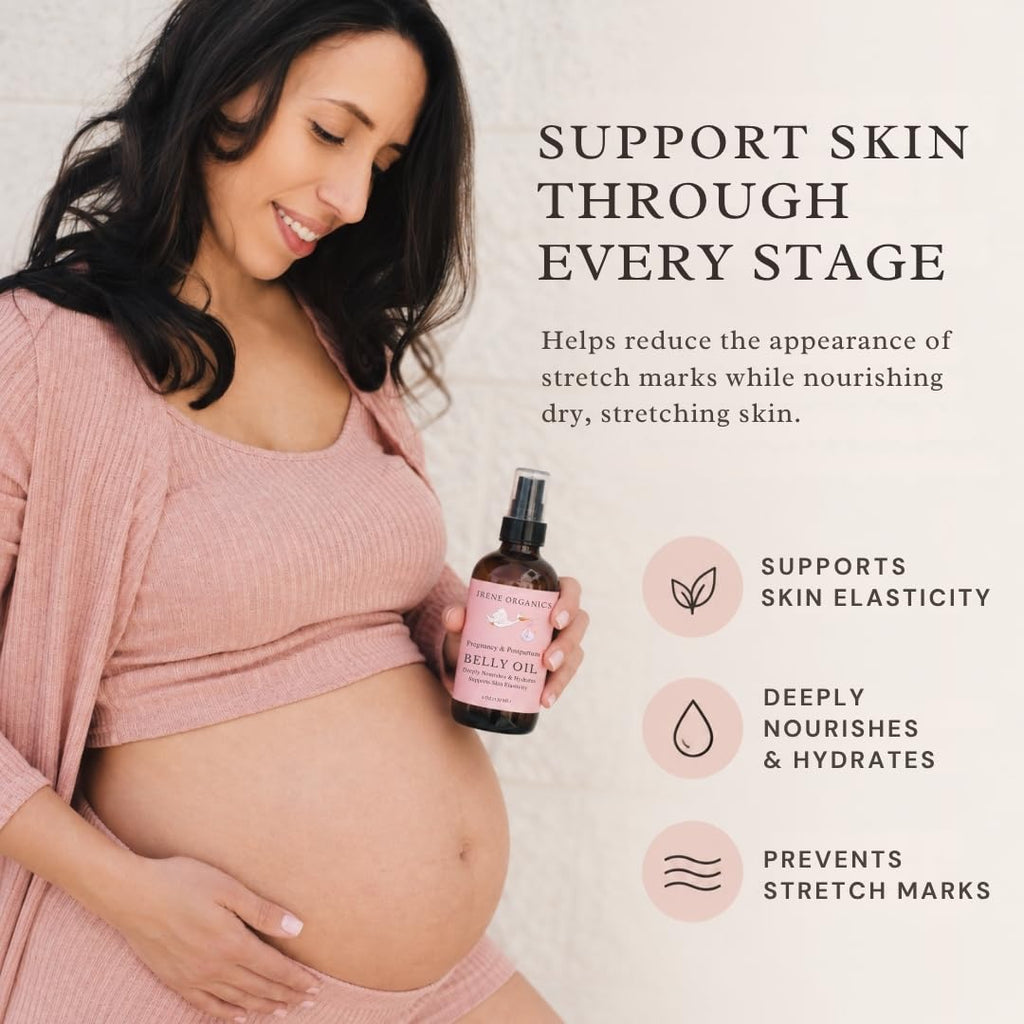 Irene Organics Organic Belly Oil for Pregnancy & Postpartum – Lightweight, Non-Greasy Stretch Mark Support Oil – Hydrating Vitamin E Bump Serum, Unscented & Pregnancy Safe