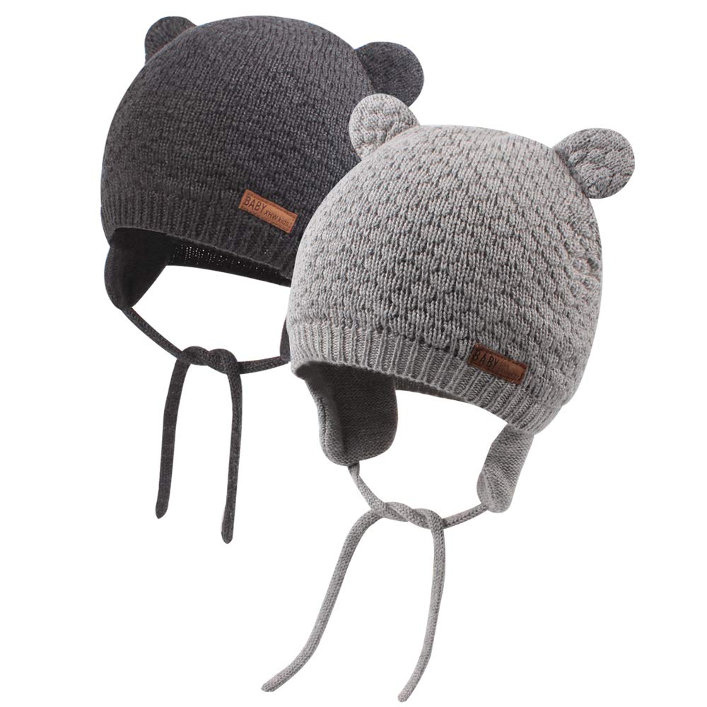 XIAOHAWANG Baby Hat Cute Bear Toddler Earflap Beanie Warm for Fall Winter (A-Set Grey 2 +Grey, 6-12 Months)