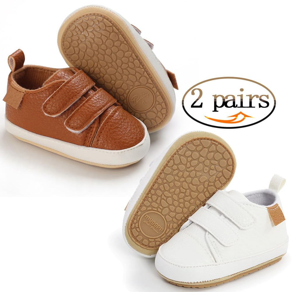 eitwo 2Pairs Baby Shoes,Boys Girls Non-Slip Rubber Sole Sneakers,Unisex Infant Soft Lightweight First Walking Crib Shoes (2Pairs_White+Brown,3-6 Months)