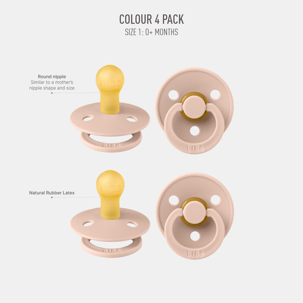 BIBS Colour Pacifier, 0-6 Months, 4-Pack, Round Nipple, Blush