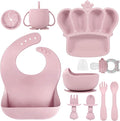Silicone Baby Feeding Set 10 Pcs Baby Led Weaning Supplies Suction Bowl Divided Plate Baby Bibs Fruit feeder Pacifier Baby Spoons Forks Sippy Cup Utensil Sets Baby Essentials for Newborn Gift Pink