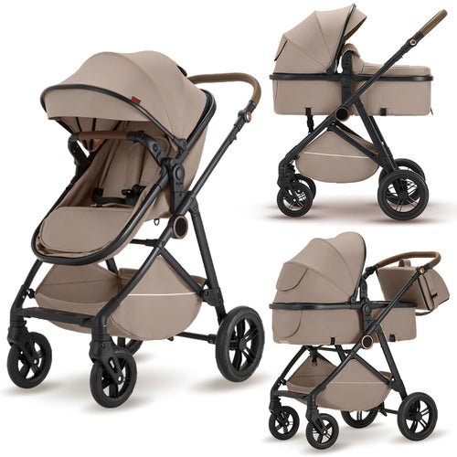 2 in 1 Baby Stroller, High Landscape Infant Stroller Pram Foldable Pushchair with Adjustable Canopy, Storage Basket,5-Point Harness,Mom Bags (Black)