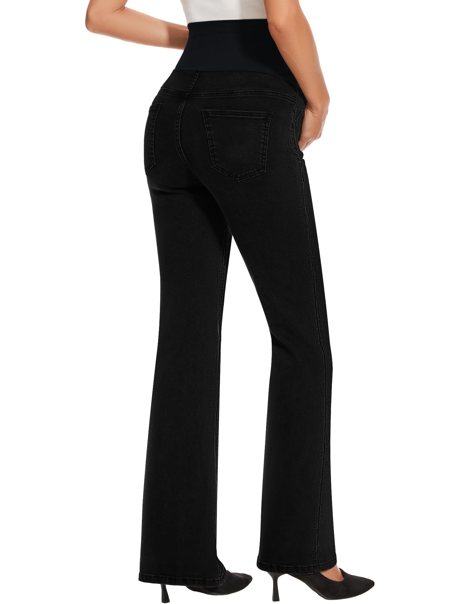 GLAMIX Women's Stretch Maternity Bootcut Jeans with Pockets Over The Belly Bell Bottoms Flare Denim Pants Pregnancy Clothes(Solid Black, L)