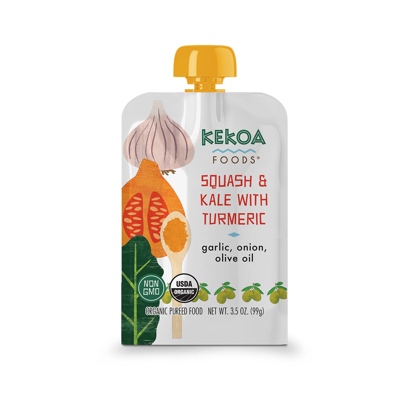 Kekoa Foods Squash & Kale with Turmeric Baby Food Purée | 100% USDA Certified-Organic Vegetarian Squeeze Pouch | Organic, Non-GMO, Gluten-Free, Vegan | Nutritious First Food for Babies | 3.5 oz