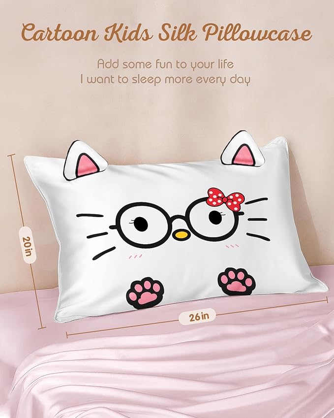 Kids Pillowcases Standard Size 20"x26" - Cute Cartoon Soft Breathable Silk Pillow Cases for Hair and Skin with Hidden Zipper for Women Fun Kawaii Design for Bedding, Glasses Cat