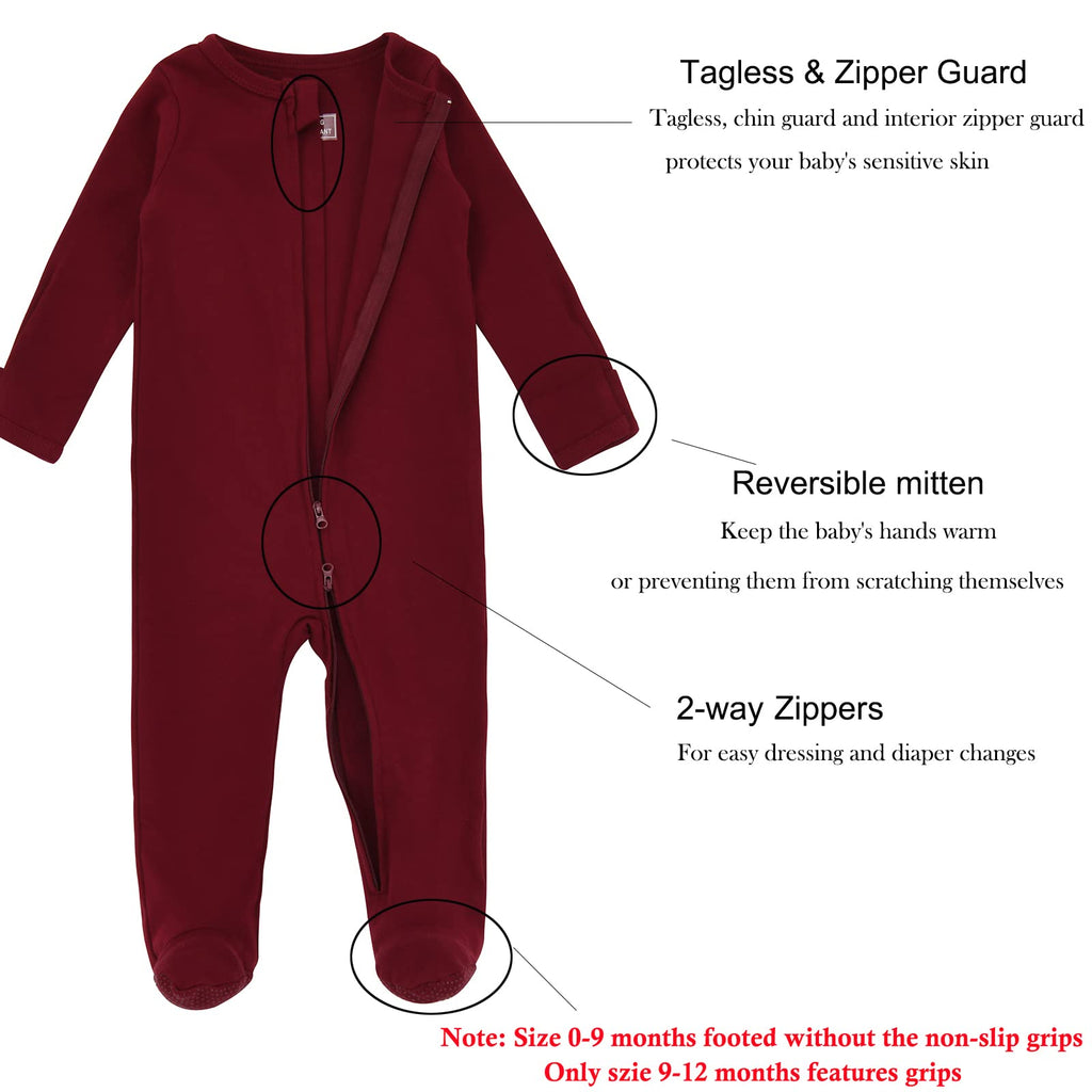 Aablexema Baby Footie Pajama with Mitten Cuffs, Double Zipper Infant Cotton clothes Sleeper Pjs, Footed Sleep Play(Grey&Black&Wine Red,9-12 Months)