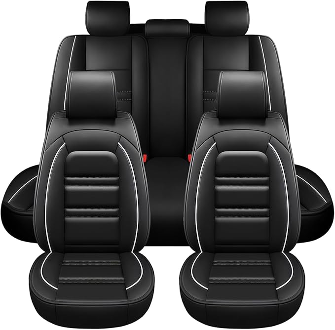PACKMACH Seat Covers for Hyundai Car Elantra 2001-2025 | 5-Seats Leather Seat Covers, Easy to Install Automotive Seat Covers Full Set (Full Set, Black&White Line)