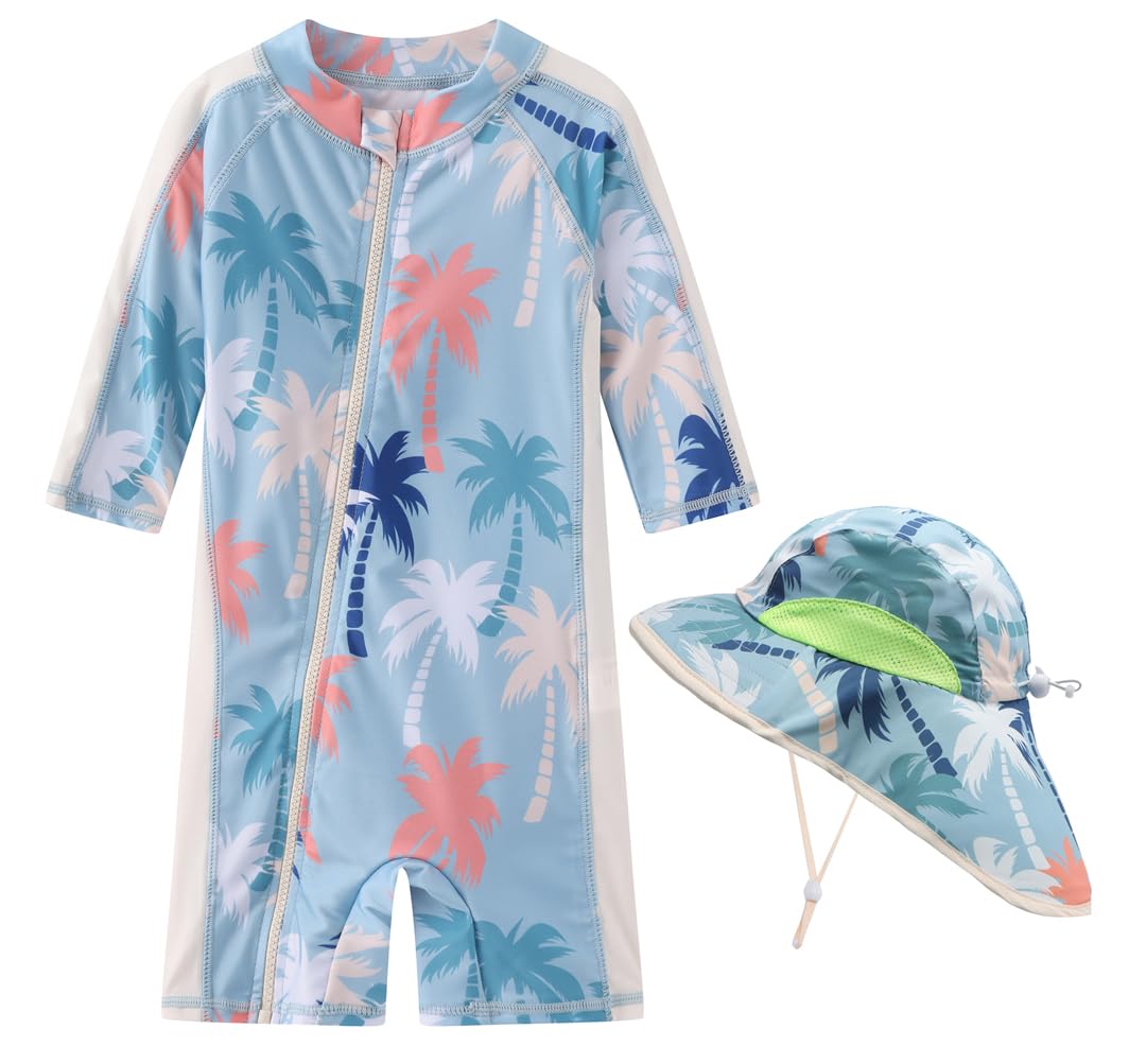 Toddler Baby Boys Swimsuit Rashguard One Piece Zipper Bathing Suit with Sun Hat Infant Swimwear Sunsuit UPF 50+（Tropic Affair，6-9 Months）