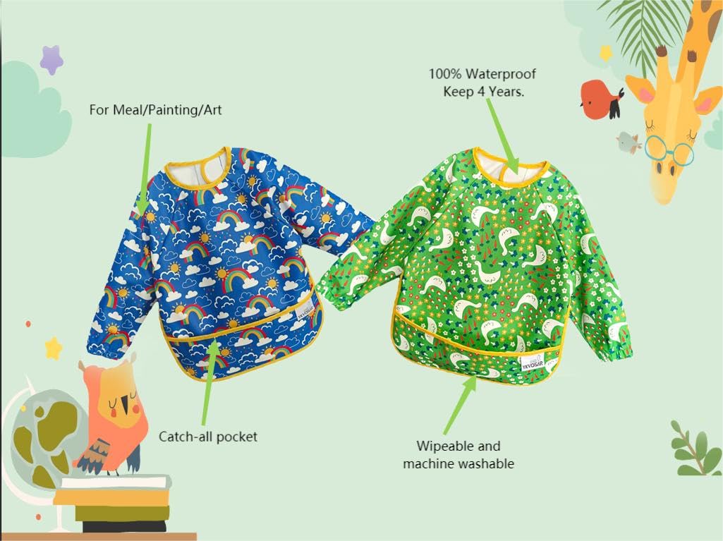 YKVOSAR 2 Pack Baby Bibs for Boy, Waterproof Bibs for Eating, Mess Proof Full Sleeve Bib for Toddlers, Fit Age 6-36 Months