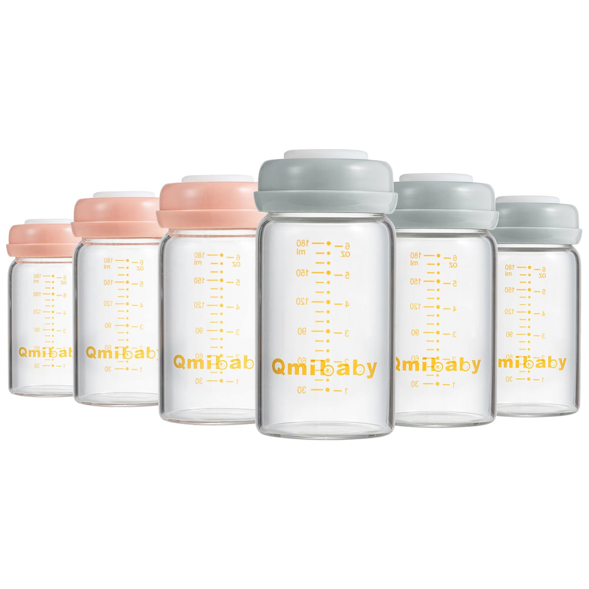 Qmibaby Baby Bottles, Wide Neck Bpa Free Breast Milk Container 6oz Screw Ring Sealing Disk Re-Markable Sealing Disc Fits Breast Pumps & Nipples Collection Bottles for Fridge (2 Gray Lids)