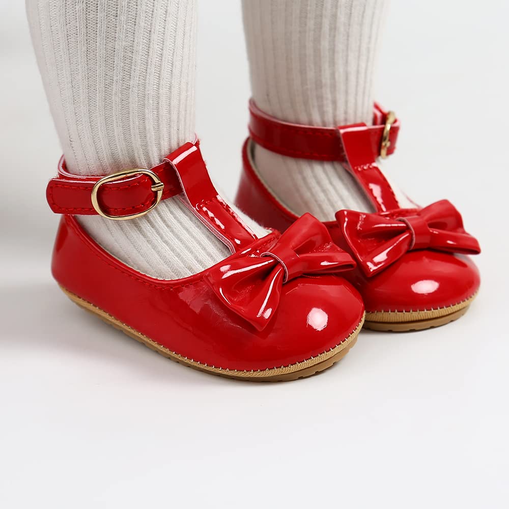 COSANKIM Baby Girls Mary Jane Flats Shoes Anti-Slip Rubber Sole Infant Toddler Princess Wedding Dress Shoes(01 Red, 6-12 Months Infant)