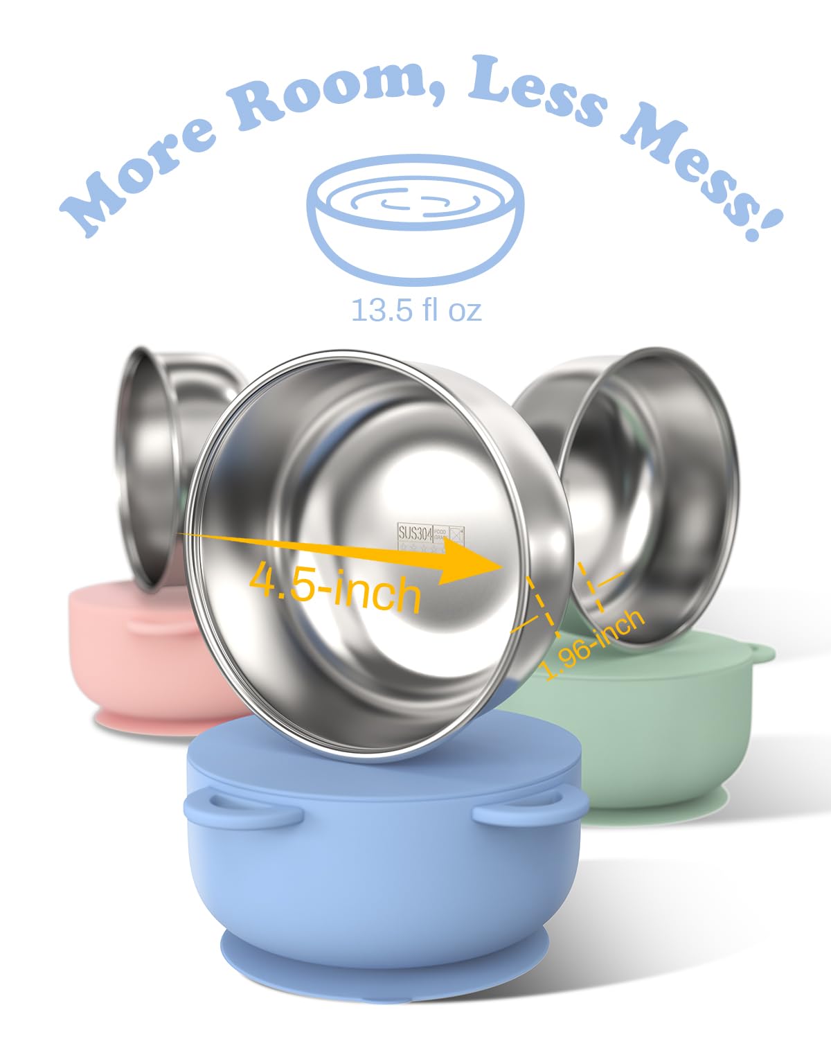 Bakpoco Baby Suction Bowls with Lids 4-Pack, 2-in-1 Stainless Steel 304 Toddler Bowl & Removable Silicone Suction Kids Bowl Plate Set Non Toxic Snack Dishes for Self-Feeding, Sunrise Meadow