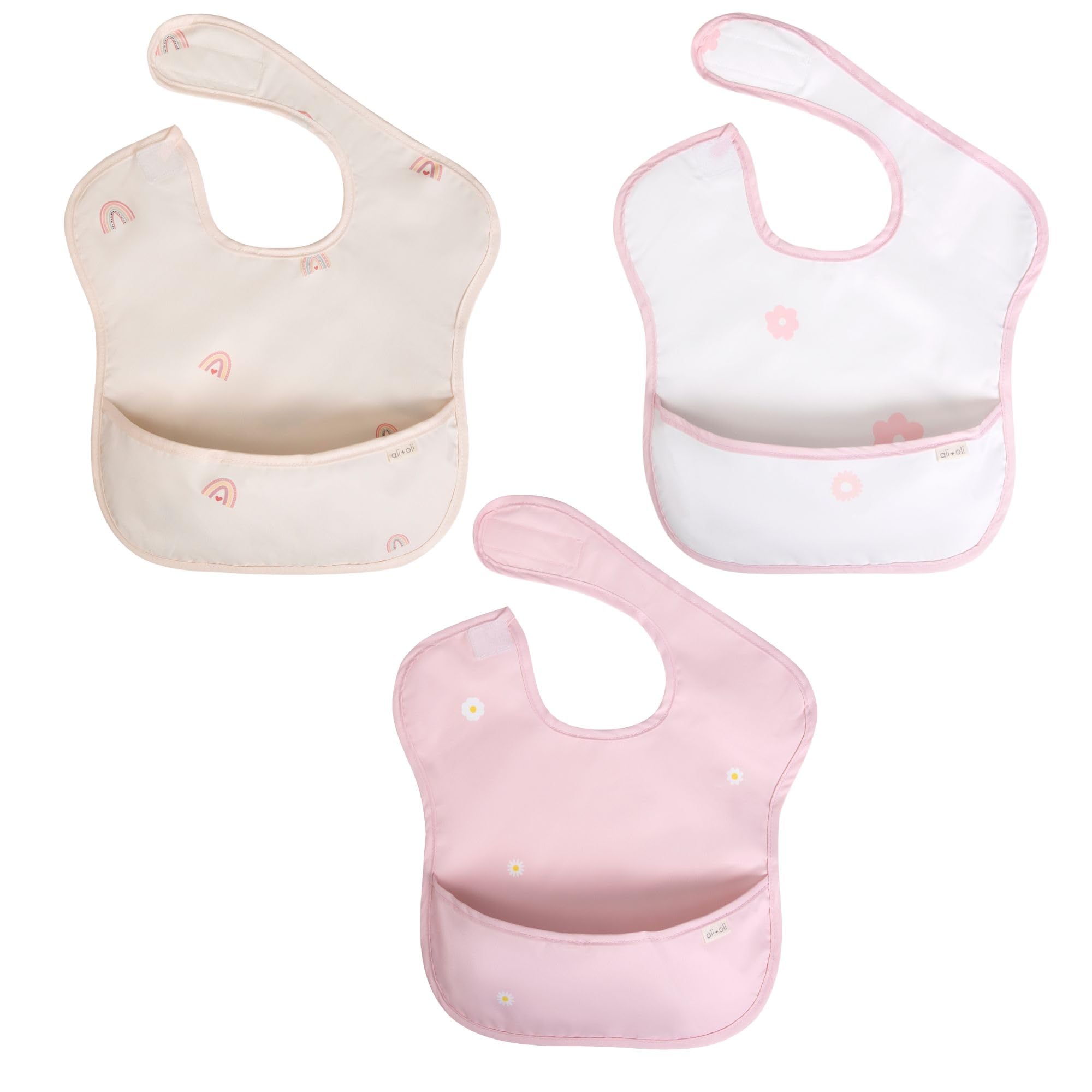Ali+Oli Smock Bib for Baby (3-pc) Sleeveless Set (Girls) BPA-Free Oeko-Tex Certified, Mess Proof Baby Bib for Eating, Waterproof Baby Smock, Machine Washable, Toddlers Ages 6m+
