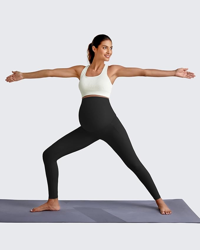G4Free Maternity Leggings for Women Over The Belly Pregnancy Yoga Pants with Pockets Soft Activewear(Black,M,25")