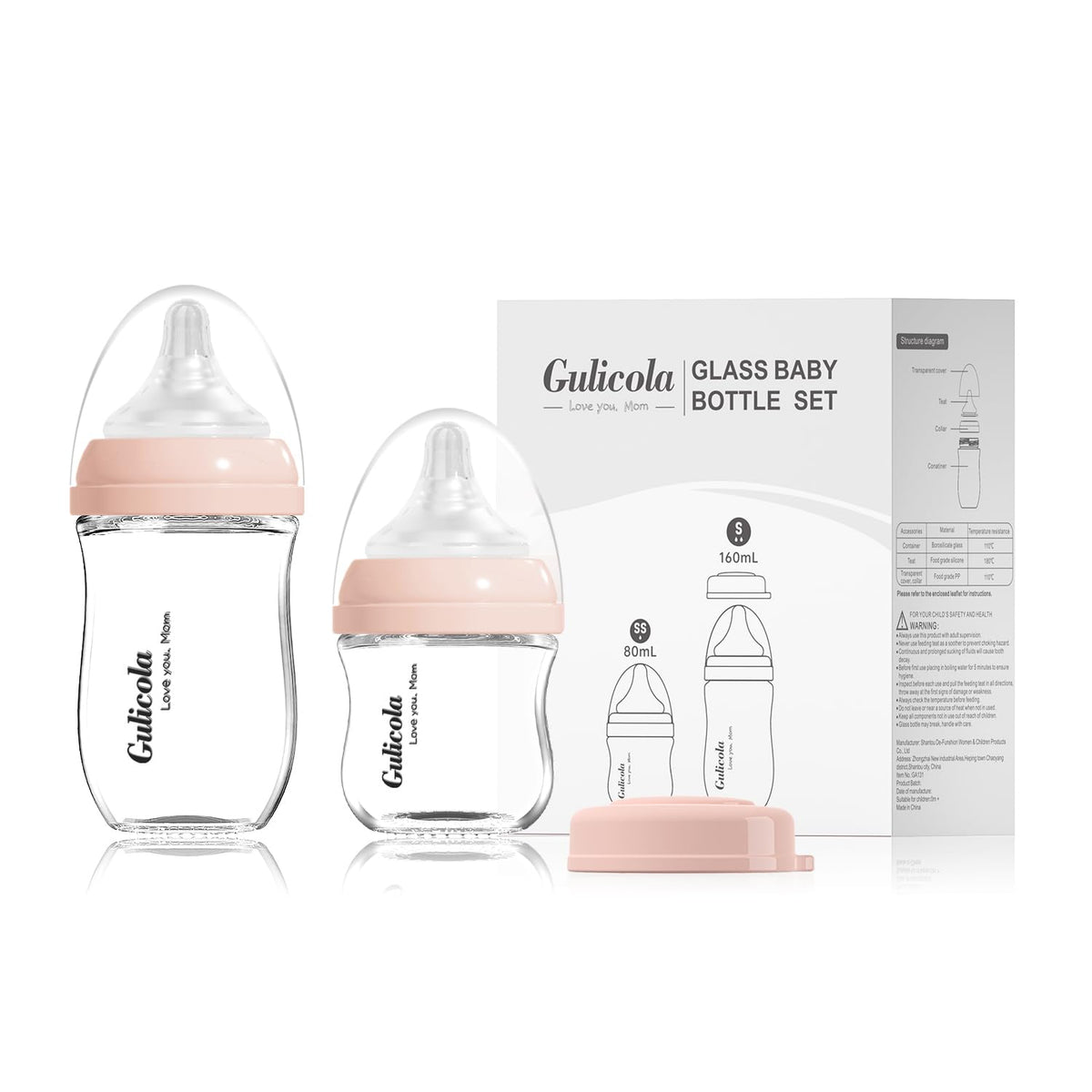 Gulicola Natural Glass Baby Bottles Set 4 Pack, Newborn Boy Breastfeeding Bottles with Slow Flow Nipples, 0 Months+, 3 oz & 5 oz - Black/White