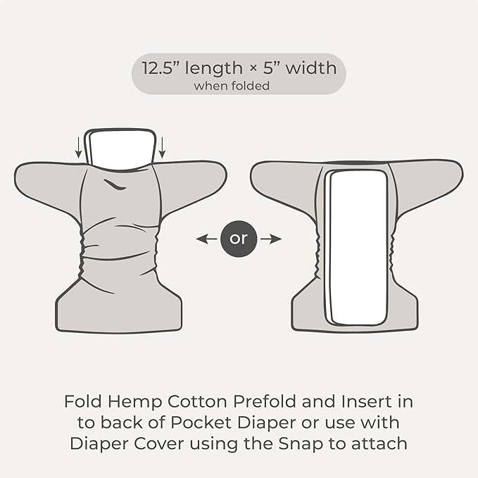 Hemp Prefold Inserts with Snap - 2 Layers - Reusable and Absorbent - 13" x 15" Perfect for Any Diaper- 2 Pack - Nora's Nursery