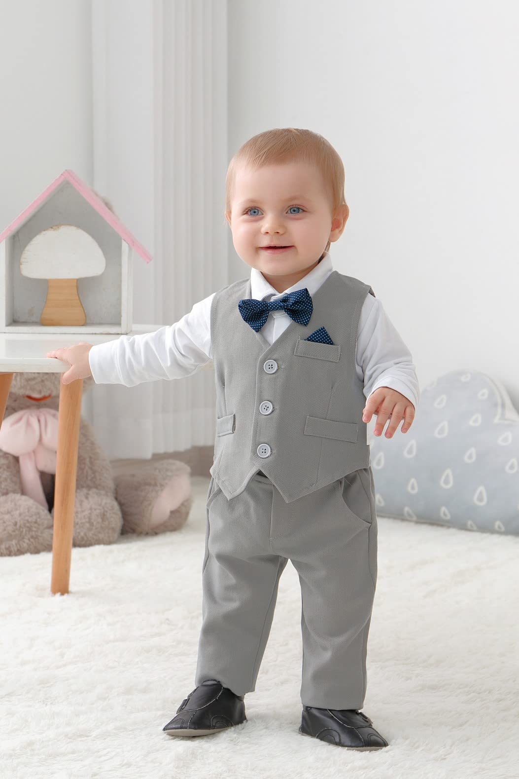 DISAUR Suit for Baby Boy Ring Bearer Outfit Long Sleeve Infant White Shirt Gray Vest Pants Bow Tie 1t 12 18 Months