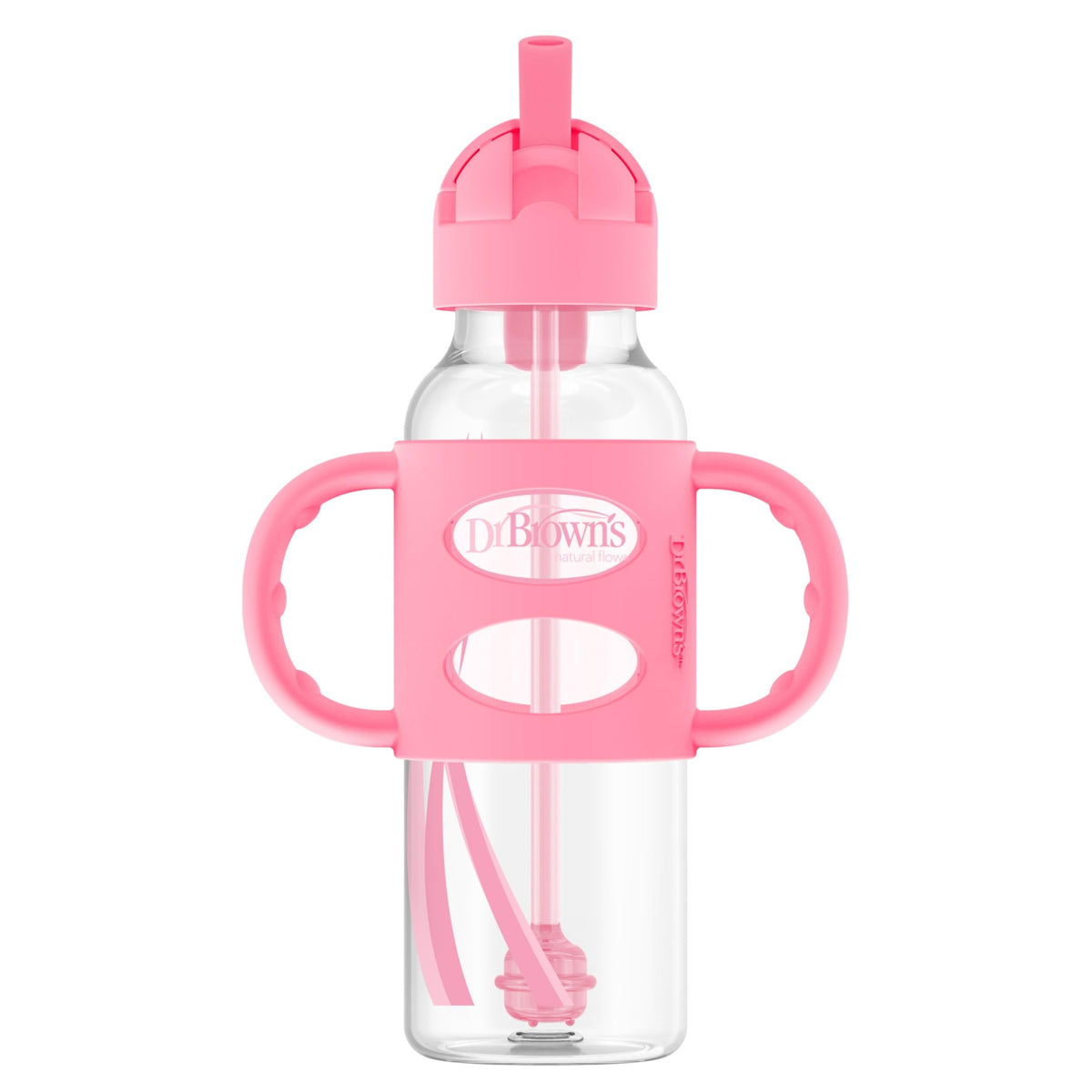 Dr. Brown's Narrow Sippy Straw Bottle with Handles, Gray & Pink, 2-Pack