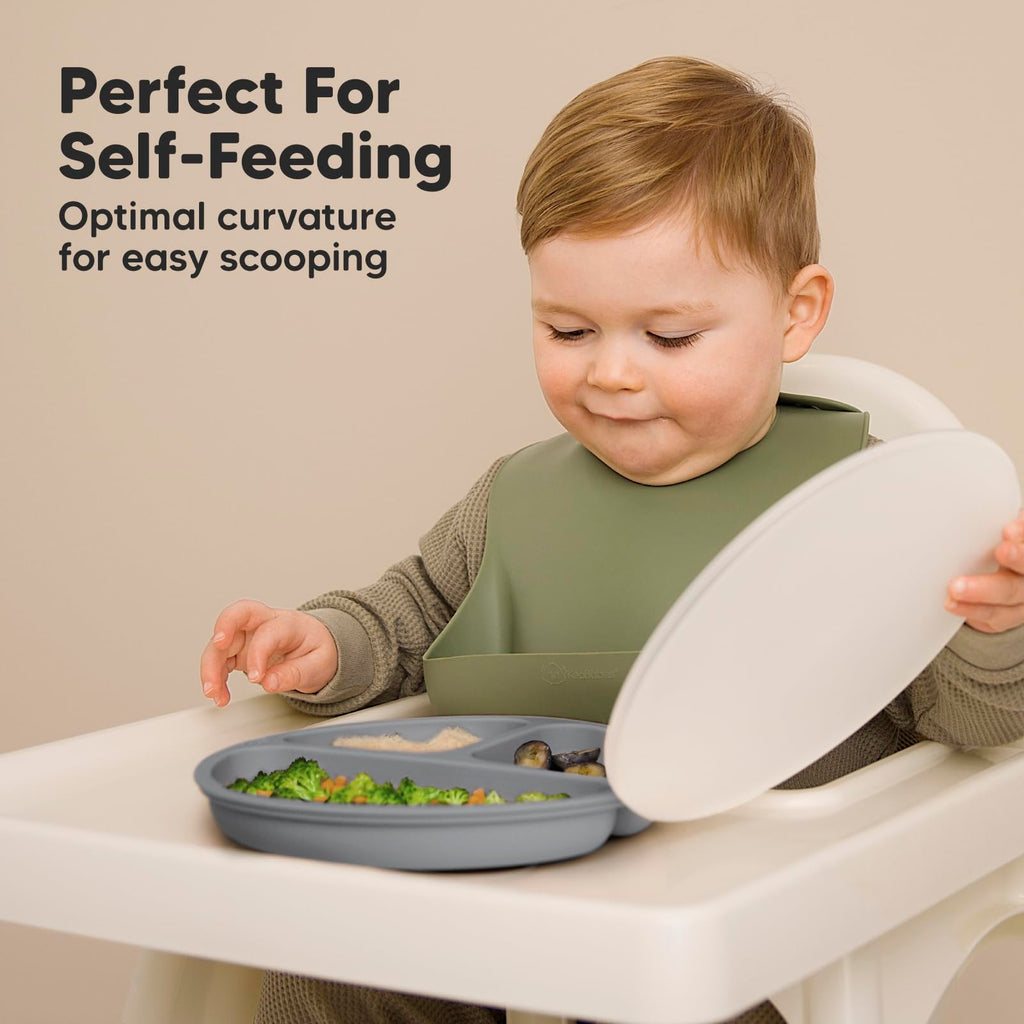 KeaBabies Suction Plates with Lids for Baby, 3-Pack, 100% Silicone (Slate)