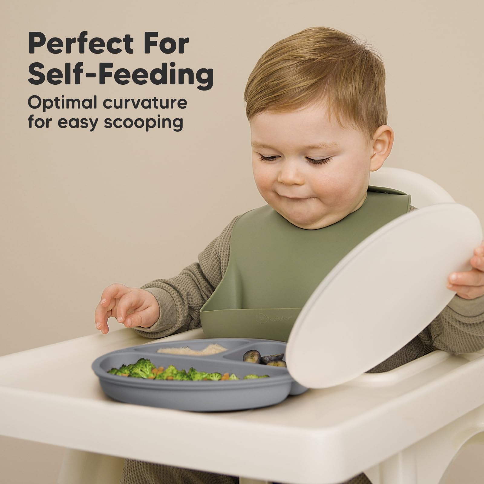 KeaBabies Suction Plates with Lids for Baby, 3-Pack, 100% Silicone (Slate)