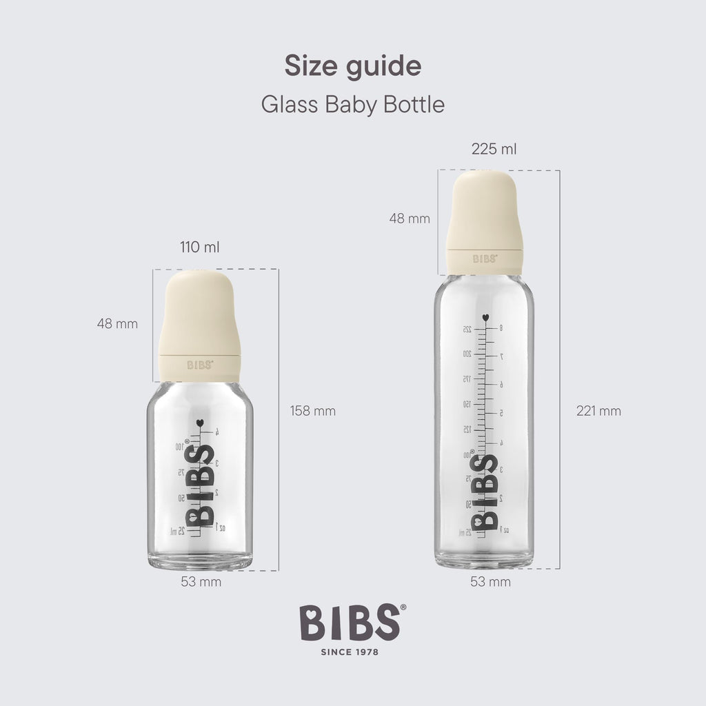 BIBS Baby Glass Bottle Complete Set 110 ml | BPA Free Natural Rubber | Made in Denmark | Sage