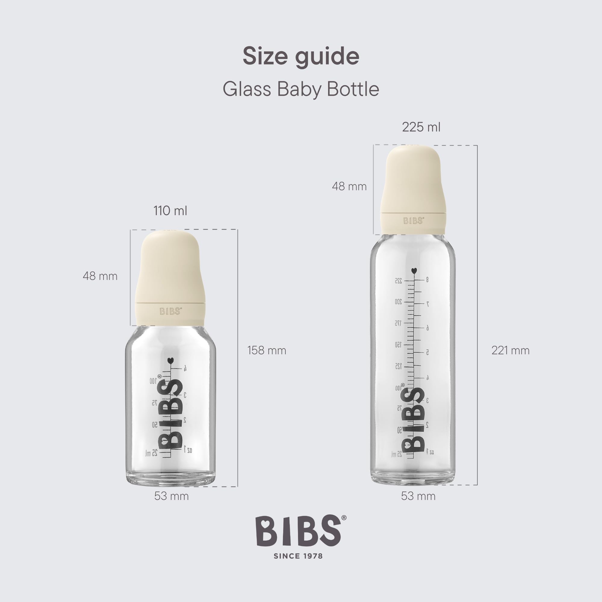 BIBS Baby Glass Bottle Complete Set 110 ml | BPA Free Natural Rubber | Made in Denmark | Sage