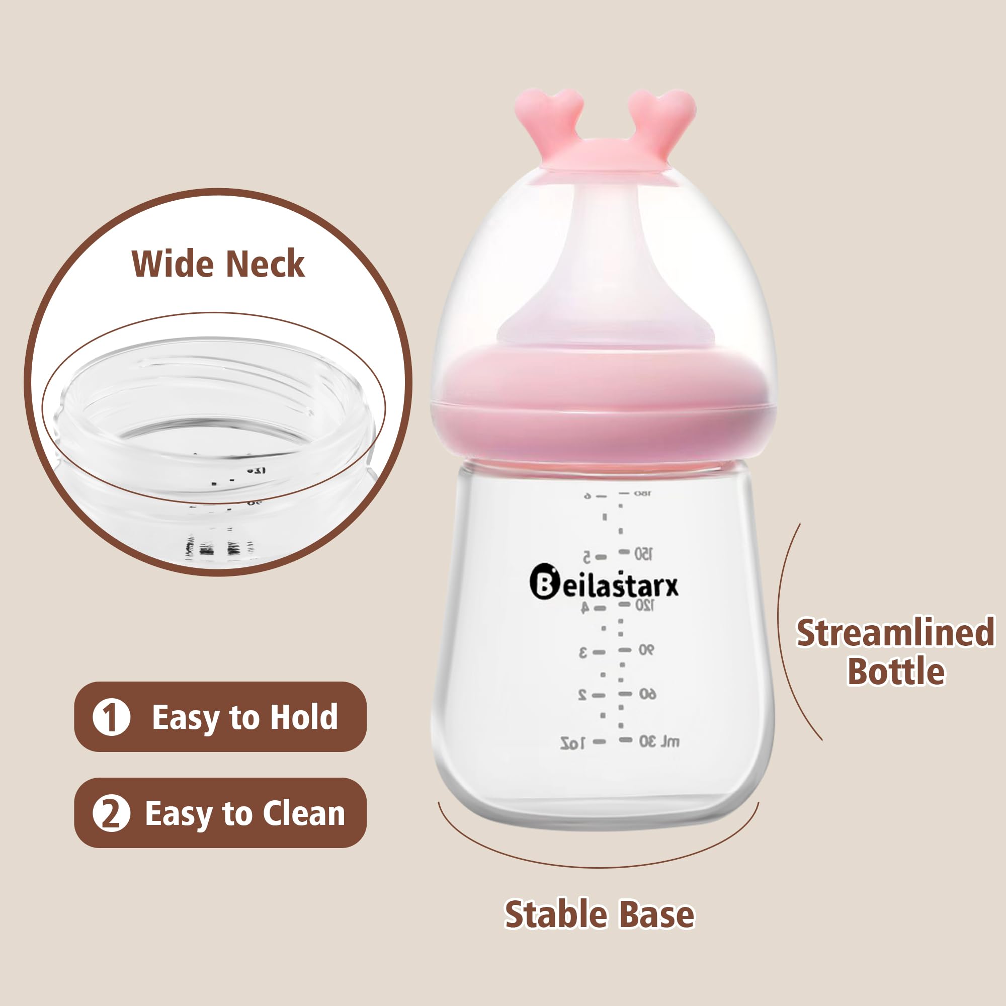 Beilastarx Glass Baby Bottles with Natural Response Nipple Size S - Anti Colic Baby Bottles Wide Neck Slow Flow Baby Bottle (Multicolor, 6oz (Pack of 2))